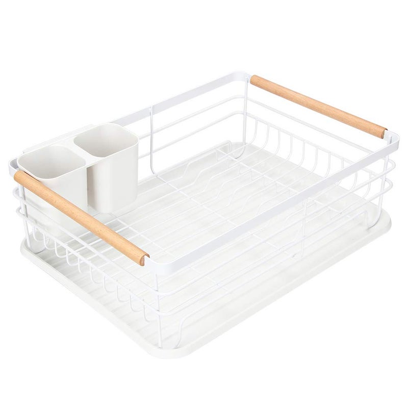 Attom Tech Home Modern Wood Handle Dish Rack and Drain Board, 16.5" x 12" x 5.5" Kitchen Plate Cup Dish Drying Rack Tray Cutlery Dish Drainer - Image 1